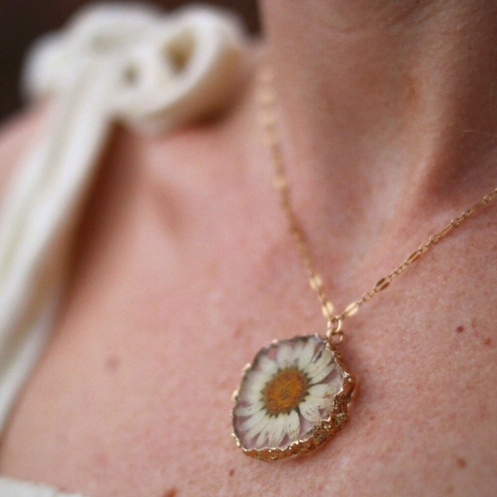 "Chasing the Golden Hour" Daisy Resin Pressed Necklace